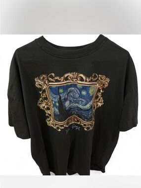 Fashion Nova Black Graphic Tee with Gold Frame and Blue Starry Print